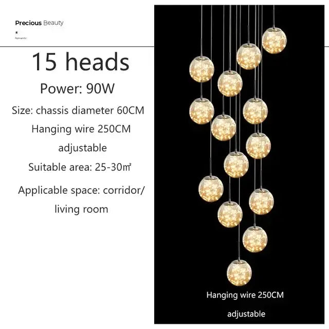 DecorBites luminous glass pendant chandelier with 15 tiered spherical glass balls for living and dining room decor