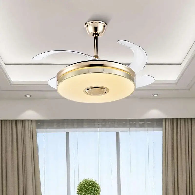 Modern ceiling fan decorbites luminous light with gold metal frame translucent white blades integrated light and speaker