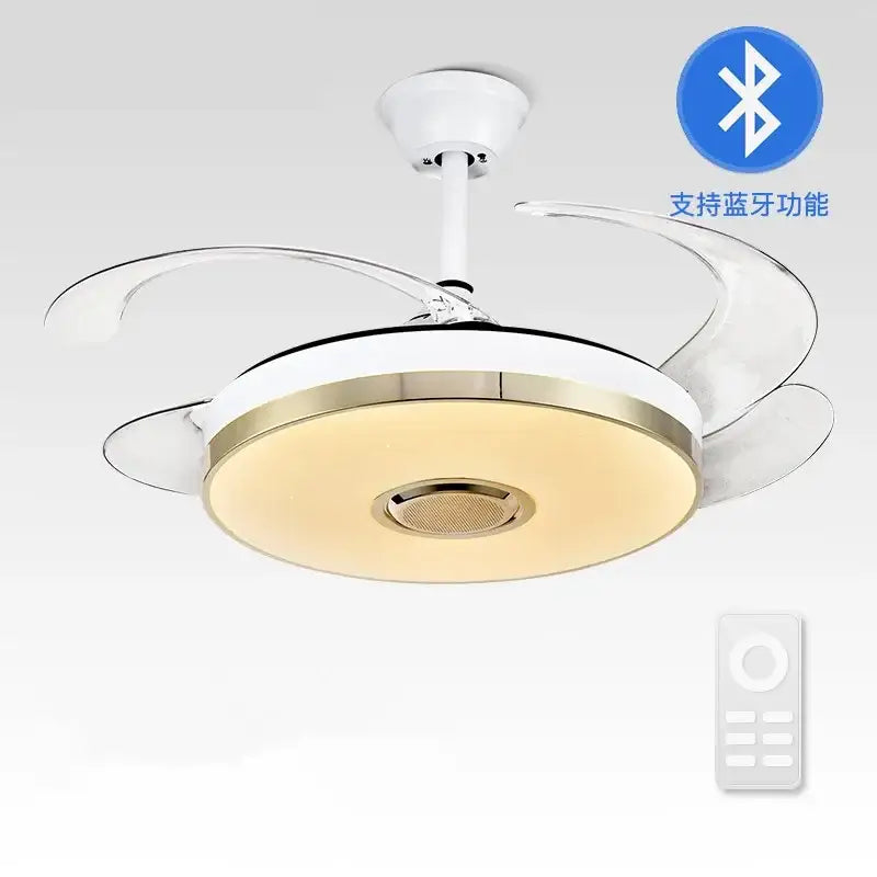 Modern decorbites luminous light ceiling fan with clear acrylic blades white and gold metallic finish bluetooth speaker