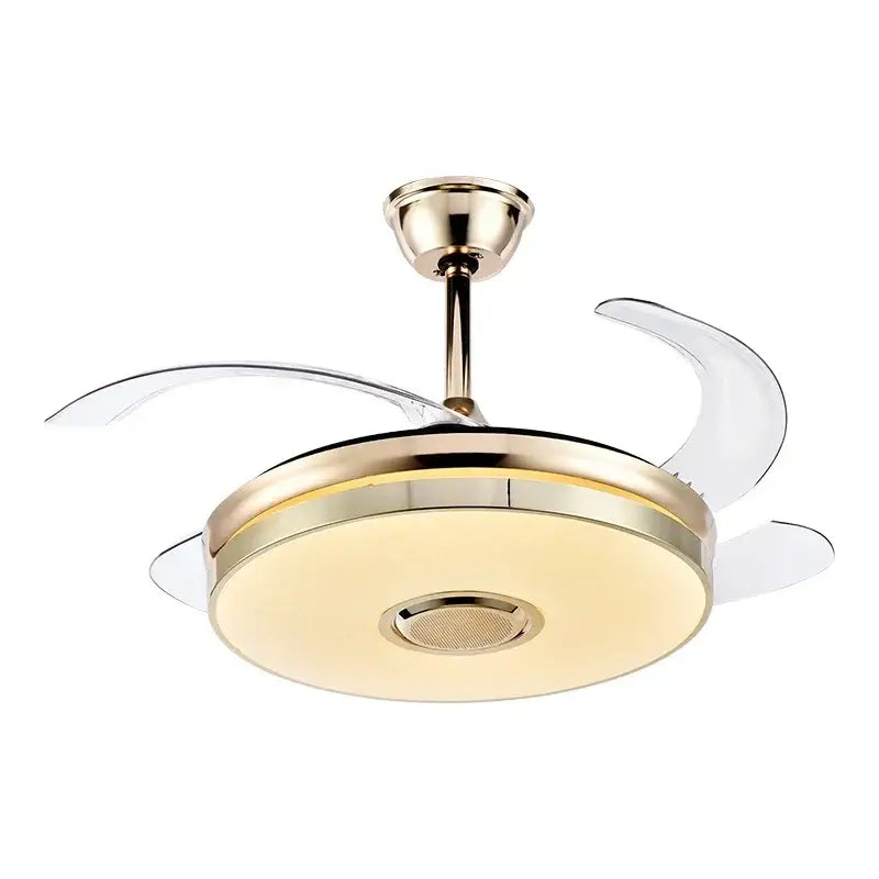 Gold-toned DecorBites luminous light ceiling fan with integrated lighting and transparent curved blades for stylish airflow