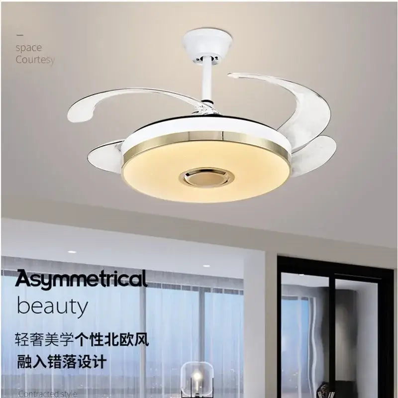 Modern decorbites luminous light ceiling fan with integrated lighting and Bluetooth speaker in white and gold finish