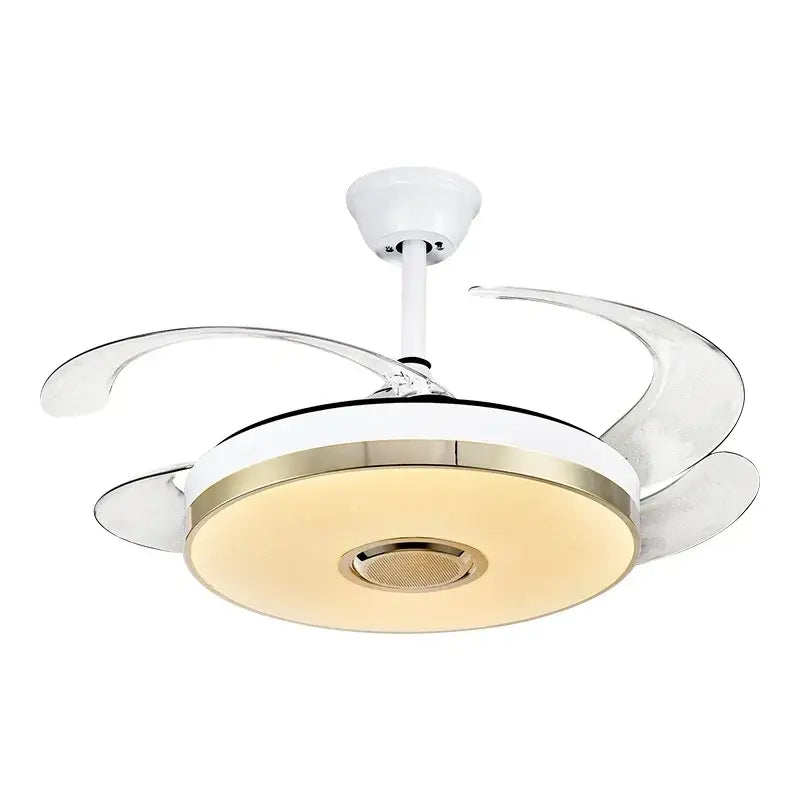 Modern decorbites luminous light ceiling fan with transparent curved blades gold trim and integrated led speaker