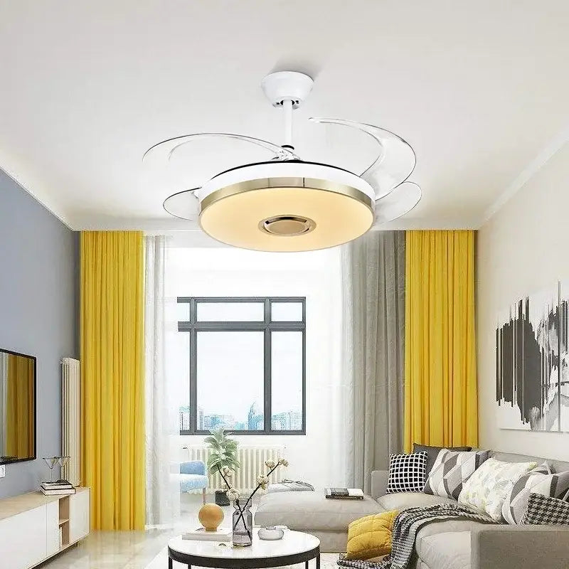 Modern ceiling fan with integrated luminous light in white and gold finish by decorbites luminous light ceiling fan
