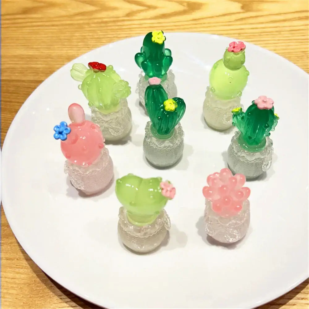 Colorful translucent decorbites luminous resin cactus miniatures with delicate lace bases and tiny flower accents for decor