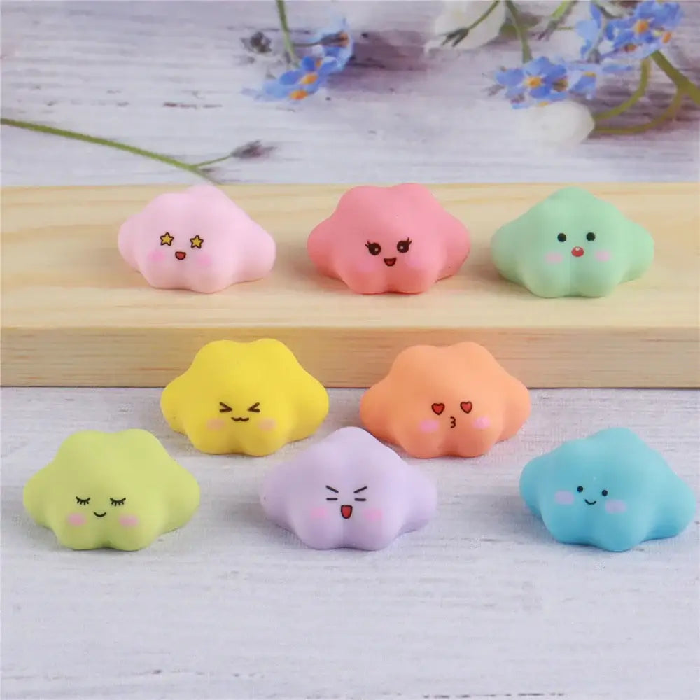 Pastel-colored cloud-shaped stress relievers with cute faces in decorbites luminous resin cactus miniatures set
