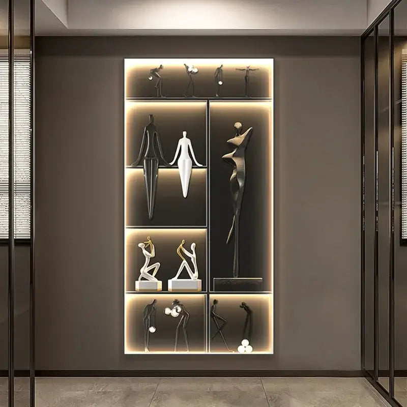 Modern minimalist decorbites luminous wall mural with black white and gold abstract sculptures on illuminated shelves