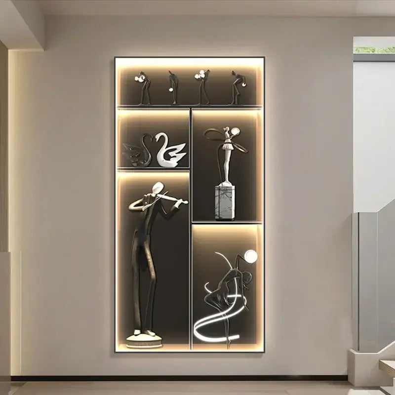 Modern black and white metal sculpture set with abstract figures on marble pedestal in decorbites luminous wall mural