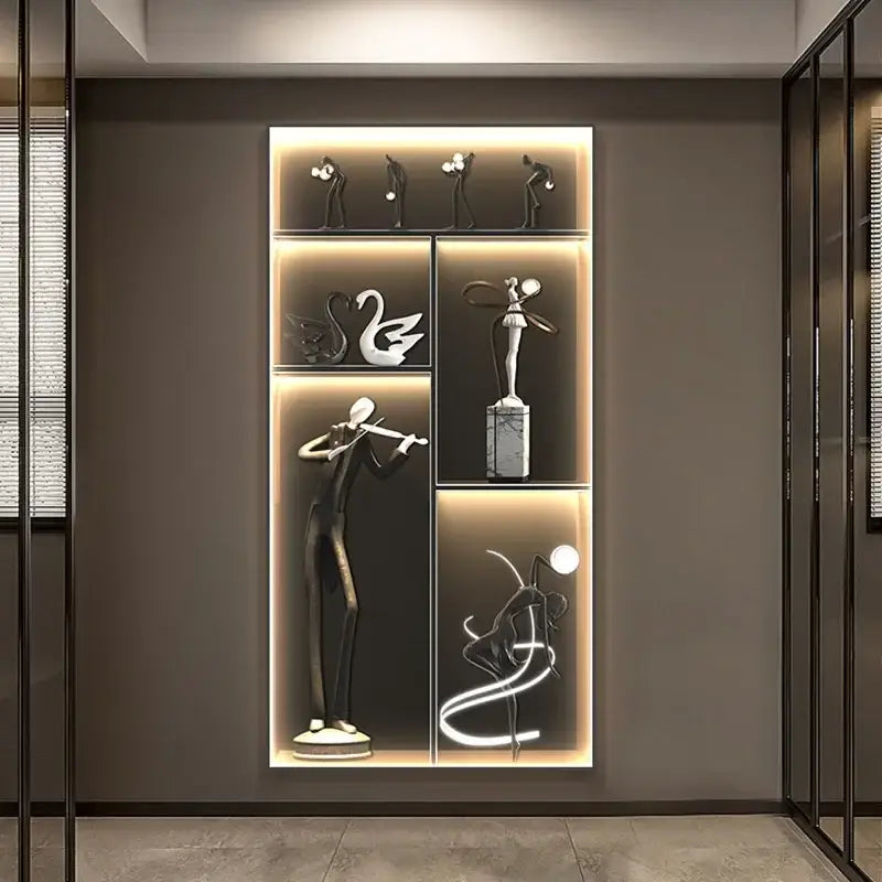 Modern minimalist decorbites luminous wall mural with integrated led lighting displaying metallic and white sculptures