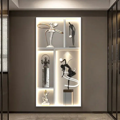 Modern minimalist decorbites luminous wall with five illuminated compartments showcasing black and white resin sculptures