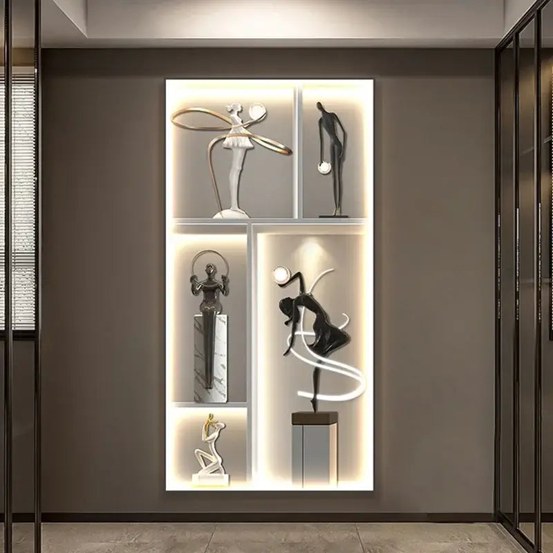 Modern minimalist decorbites luminous wall with five illuminated compartments showcasing black and white resin sculptures
