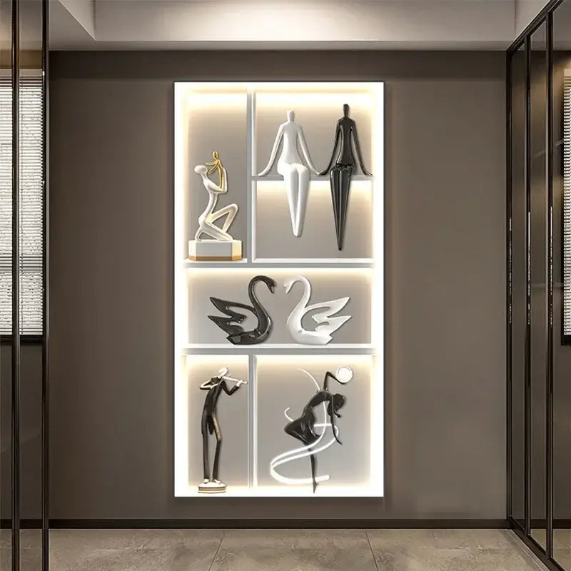 Modern minimalist decorbites luminous wall mural with six white black and gold resin figures for living room decor
