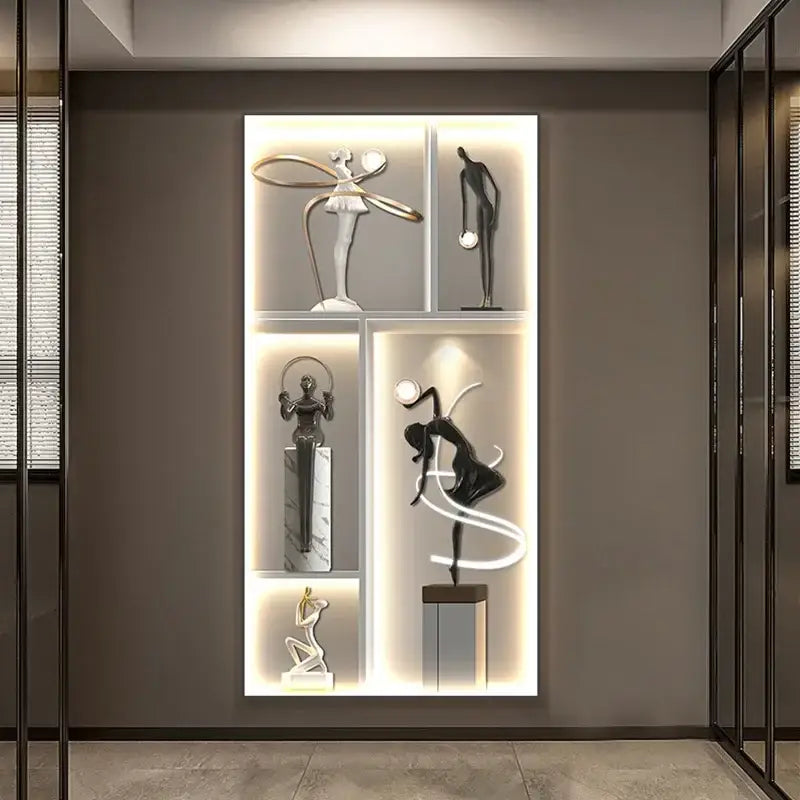 Modern minimalist decorbites luminous wall mural with wall-mounted black white and gold abstract human sculptures