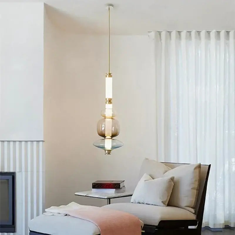 Decorbites luna glass tube chandelier with amber and clear glass orbs on gold chain for kitchen dining staircase lighting