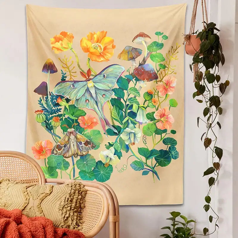 Beige decorbites luna moth tapestry featuring vibrant orange and pink flowers green foliage mushrooms and two moths