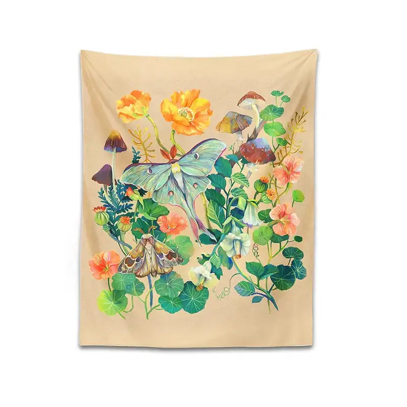 Beige decorbites luna moth tapestry featuring vibrant orange pink flowers green foliage and moths in soft watercolor style