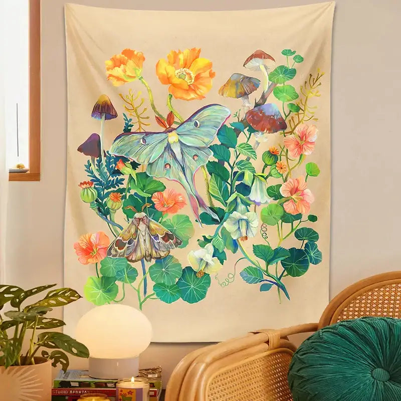Beige decorbites luna moth tapestry featuring vibrant butterflies mushrooms and flowers for psychedelic home decor