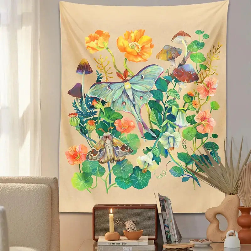 Beige decorbites luna moth tapestry with vibrant orange pink flowers green foliage colorful mushrooms and detailed moths wall hanging
