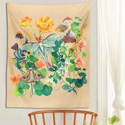 Beige decorbites luna moth tapestry with vibrant orange and pink flowers green foliage mushrooms and butterflies on soft fabric