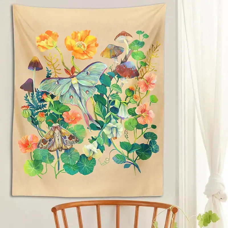 Beige decorbites luna moth tapestry with vibrant orange and pink flowers green foliage mushrooms and butterflies on soft fabric