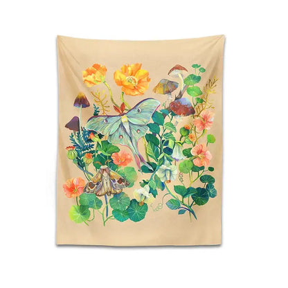 Beige decorbites luna moth tapestry featuring vibrant orange pink flowers green foliage mushrooms and moths in watercolor style