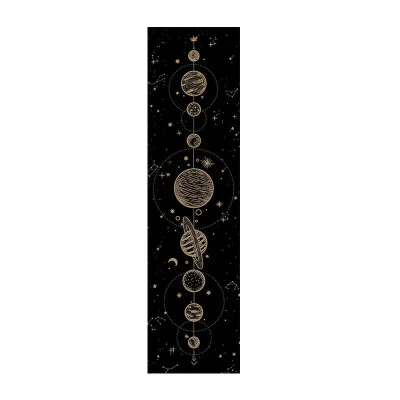 Black celestial-themed tapestry with gold-inked lunar eclipse moon phase illustrations by decorbites lunar eclipse