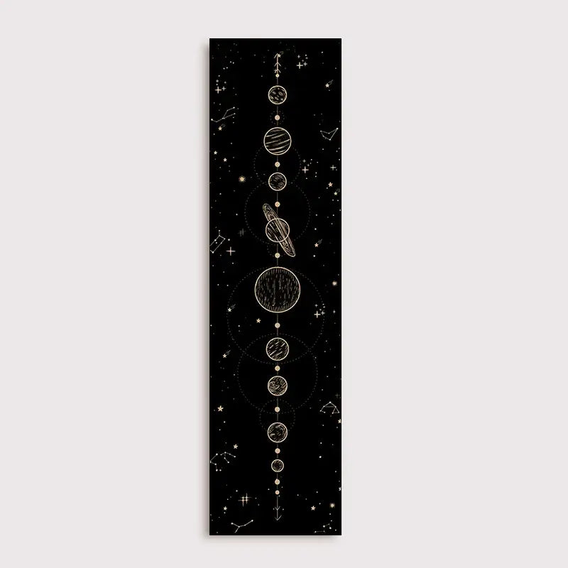 Black celestial-themed wall art by decorbites lunar eclipse features gold line-art planets and constellations on fabric