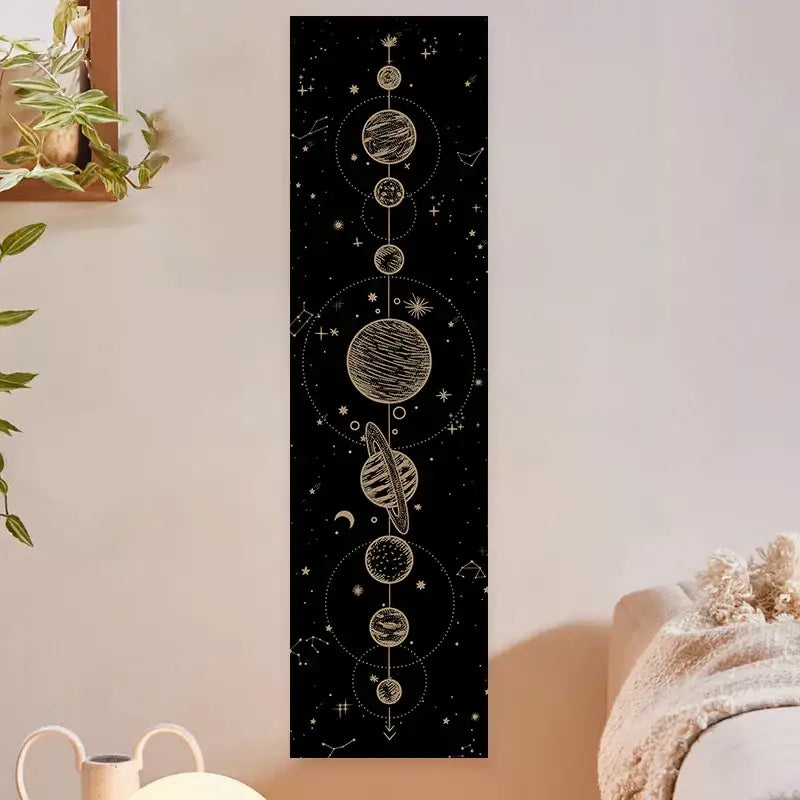 Black vertical wall decal with gold hand-drawn lunar eclipse moon planets by decorbites lunar eclipse collection