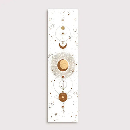 A vertical rectangular wall art tapestry by decorbites featuring lunar eclipse moon phases in gold and brown on white background