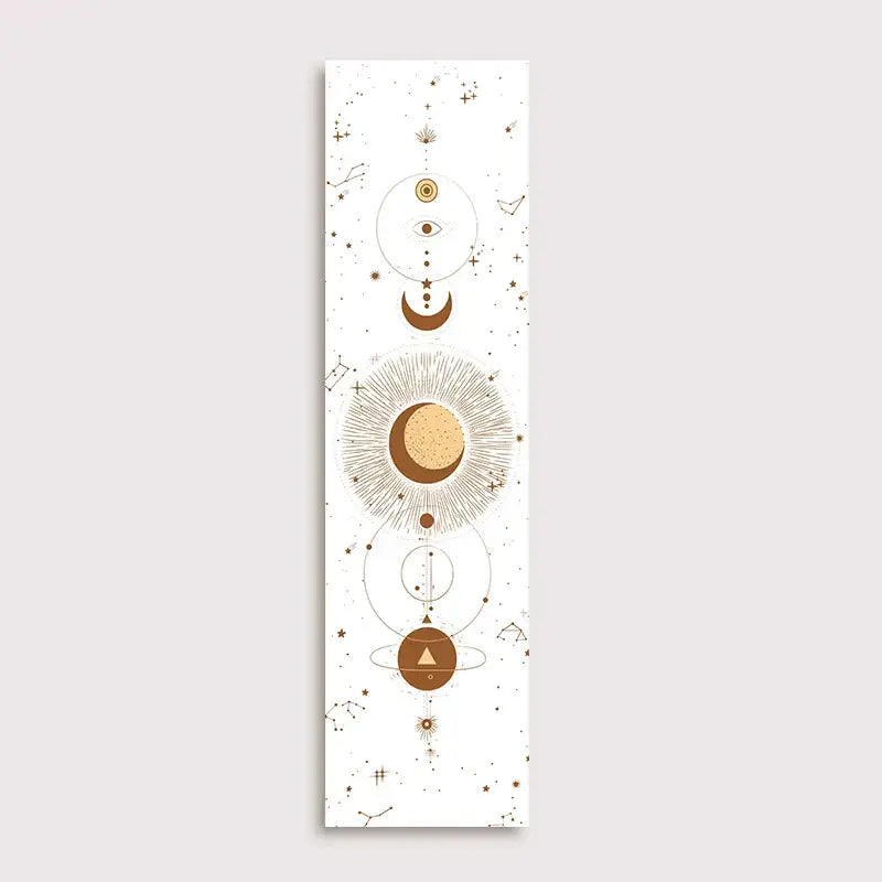 A vertical rectangular wall art tapestry by decorbites featuring lunar eclipse moon phases in gold and brown on white background
