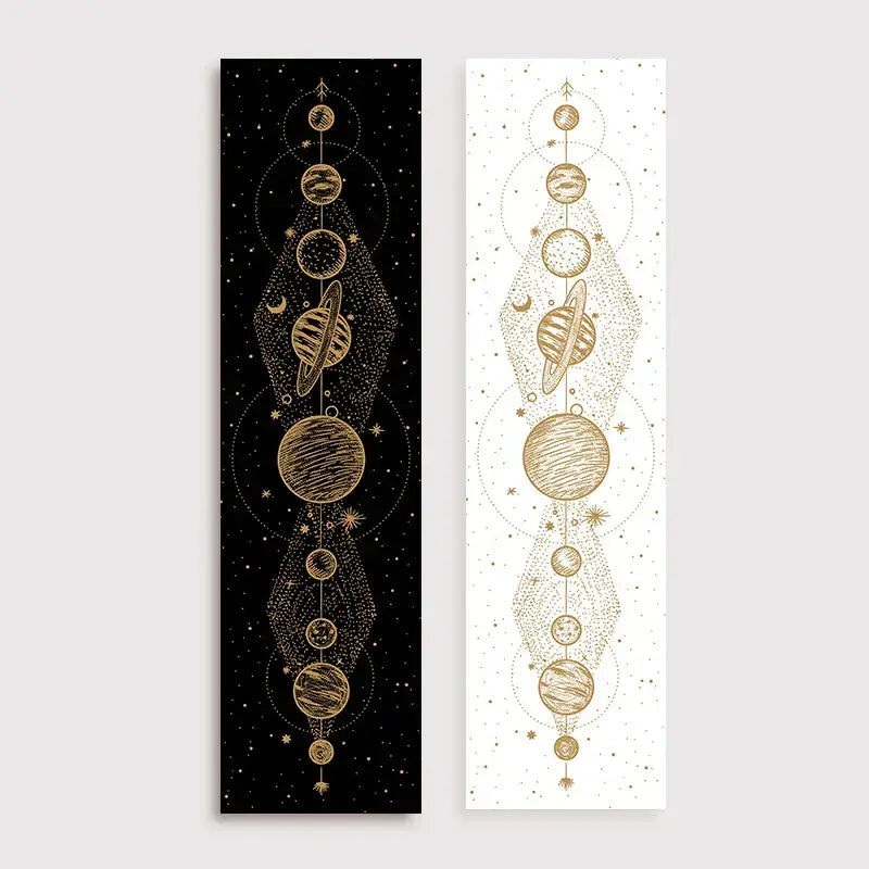 Two vertical celestial-themed bookmarks with gold planetary art in black and white for decorbites lunar eclipse moon decor