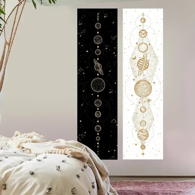 Two vertical decorbites lunar eclipse wall decals with celestial gold planets and stars on black and white backgrounds