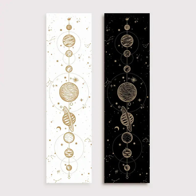 Two vertical decorbites lunar eclipse bookmarks with gold planets and stars on white and black backgrounds