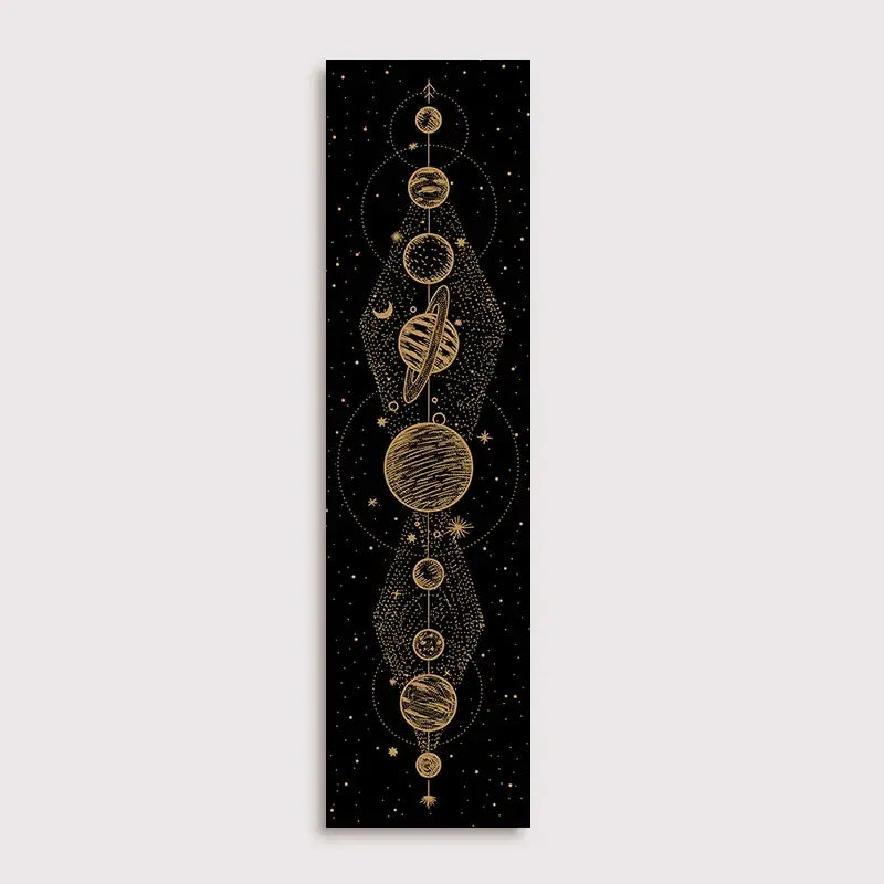 A vertical black canvas print by decorbites lunar eclipse featuring intricate gold lunar eclipse moon celestial illustrations