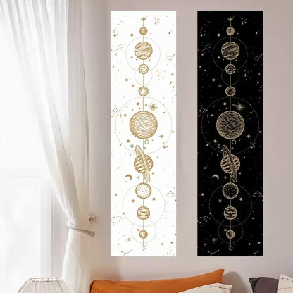 Two vertical decorbites lunar eclipse celestial wall decals in white and black with gold lunar eclipse moon designs