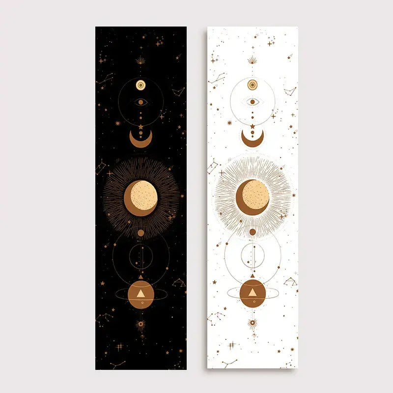 Two vertical decorbites lunar eclipse bookmarks with black and white backgrounds featuring gold celestial and lunar eclipse moon motifs