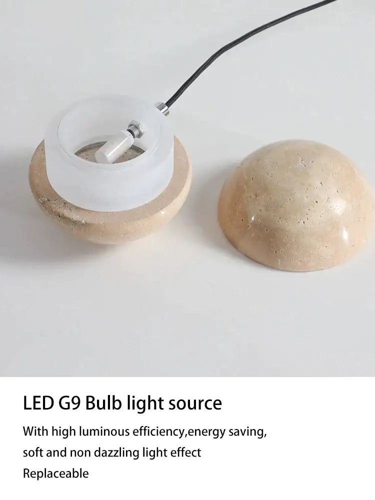 Beige stone-textured led g9 bulb with translucent white base and black cord for decorbites lunar stone pendant chandelier