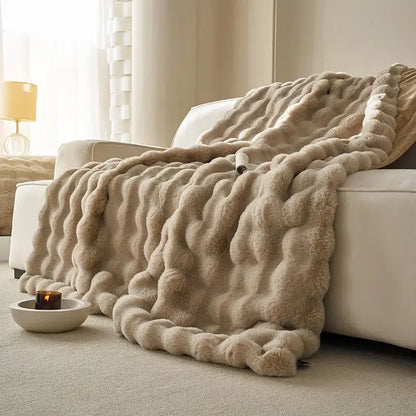 Beige decorbites luxe faux rabbit fur throw blanket with plush wavy knit texture perfect for autumn winter sofa cover