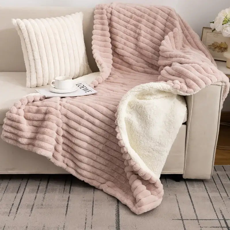 Pink decorbites luxe faux-rabbit fur double-layer blanket with ribbed plush and soft white sherpa lining for cozy comfort