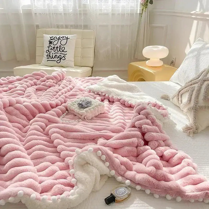 Decorbites™ luxe faux rabbit fur weighted double blanket in pink and white chunky knit with pom-pom trim for cozy warmth