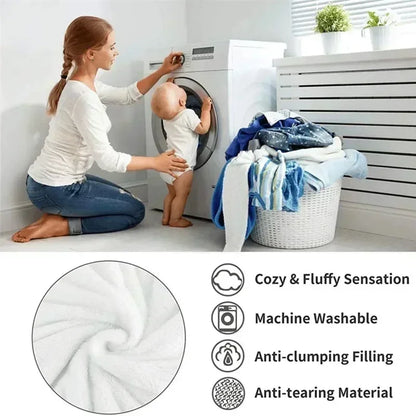 Fluffy white machine washable blanket with anti-clumping filling and anti-tearing material.