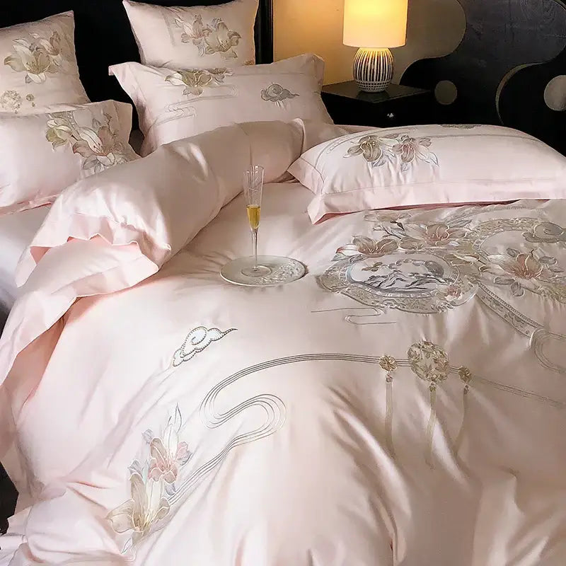 Pink satin bedding set with decorbites luxe floral bird embroidery in gold and silver thread on 1000TC cotton