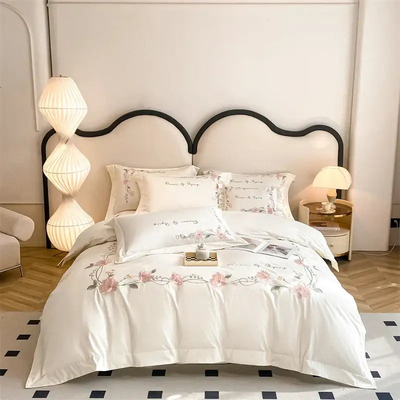 White decorbites luxe floral embroidery bedding set with delicate pink and green embroidery in 100% cotton queen king