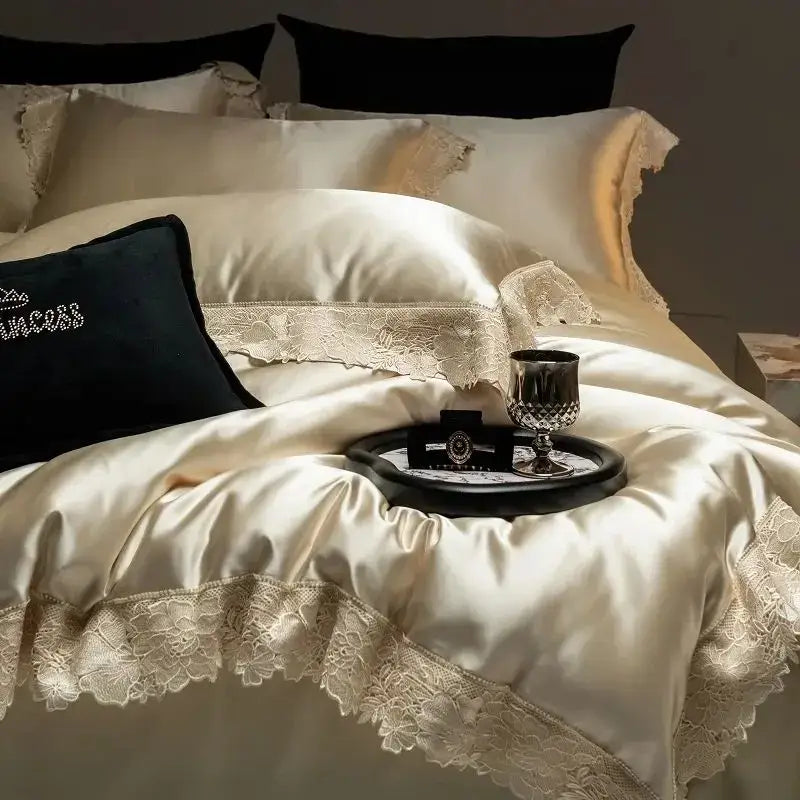 Cream-colored satin duvet cover with delicate luxe french lace trim from decorbites luxe french bedding set