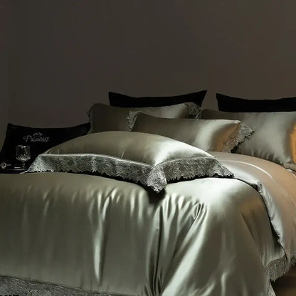 Silk satin bedding set in soft sage green with delicate lace trim from decorbites luxe french lace collection
