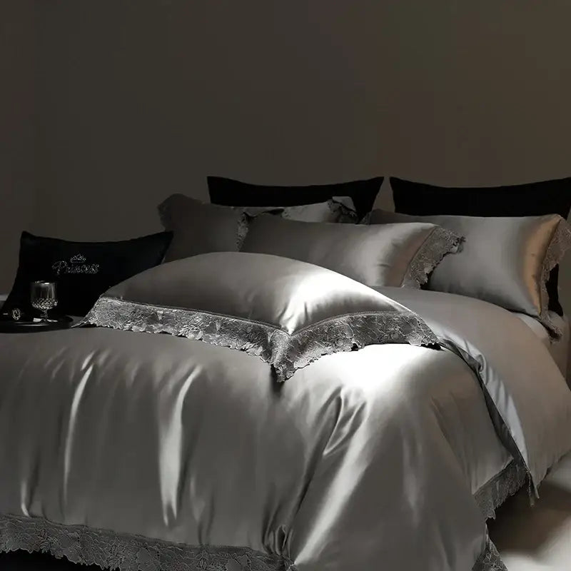 Silver satin duvet cover with delicate lace trim from decorbites luxe french lace bedding set in silky lyocell cotton