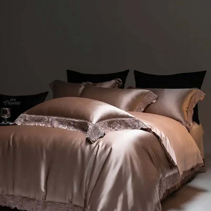 Rose gold satin bedding set with delicate lace trim by decorbites luxe french lace in silky lyocell cotton