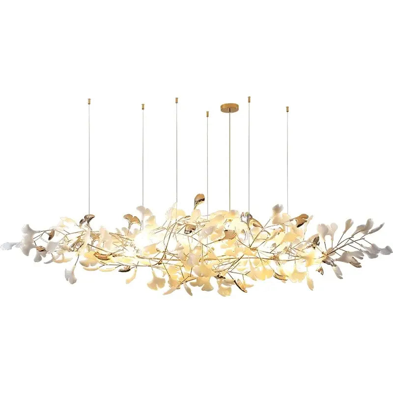 Elegant gold-toned DecorBites Luxe Ginkgo leaves pendant light with glass leaf elements for living room or bedroom decor