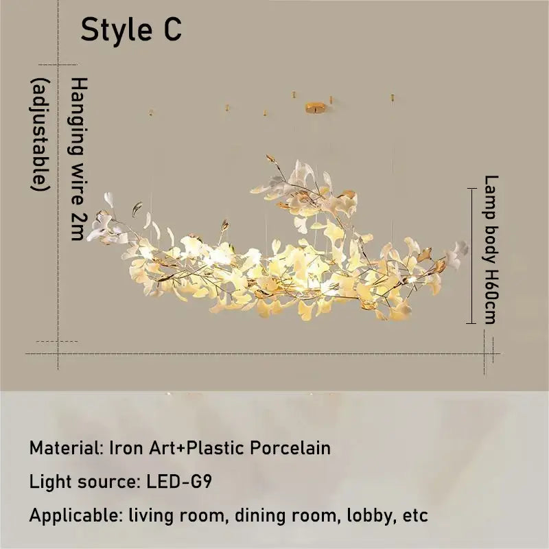 DecorBites luxe ginkgo pendant light with golden-yellow leaves, intricate iron art, and porcelain details for living room