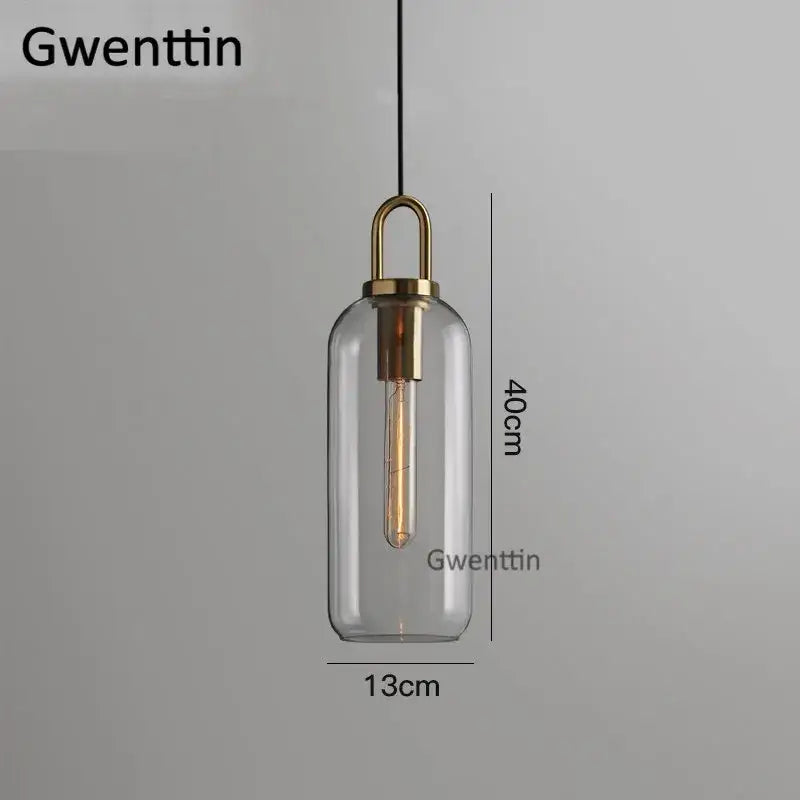 Decorbites luxe glass ball pendant light with clear glass cylinder and brass hook featuring exposed filament bulb