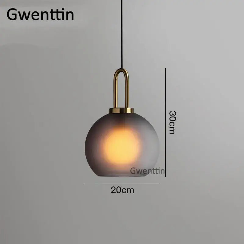 DecorBites luxe glass ball pendant light with frosted gray globe and brass fixture suspended by black cord